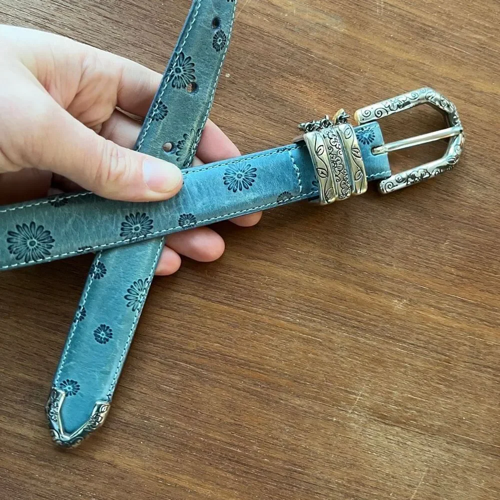 Brighton Blue Floral Tooled Leather Belt Charm Western Boho Y2K ML 32